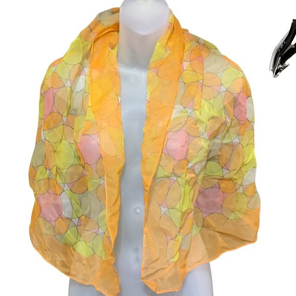 Yellow pink Polka Dot Scarf Hair Wrap Circles Retro - Picture 3 of 5